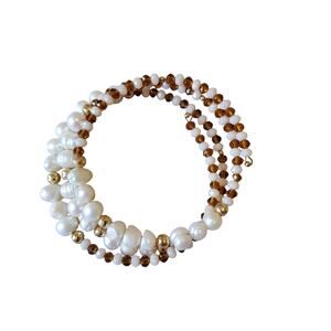 Beaded Pearl Gold Tone Amber Beads Wrap Band Bracelet Boho Resort Wear